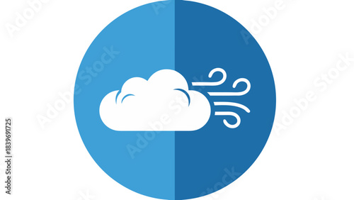 Cloud Icon Representing Wind Blowing With Swirls Against A Blue Circular Background With A Split Color Design