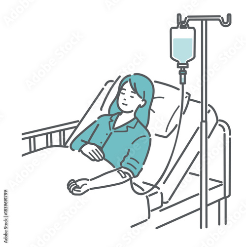 入院して点滴を受ける女性患者のイラスト（安静・回復）