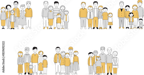 3世代家族の全身セット単色