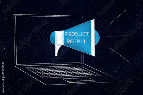 product recall megaphone popping out of laptop screen illustration