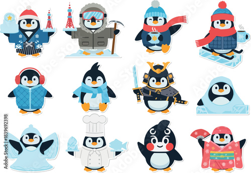 Penguin Costume Collection Cartoon Penguin Character Icon Set