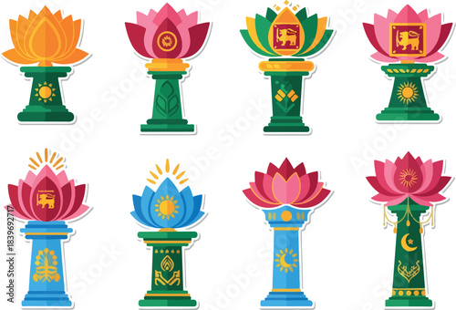 Colorful Sri Lankan Lotus Flower Pillar Icons Set for Cultural Designs
