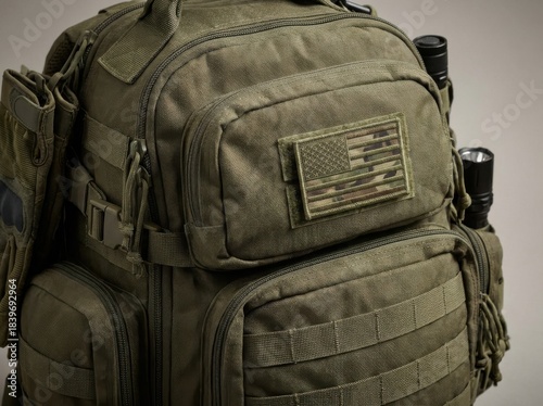 Detailed close-up of a rugged, olive drab tactical backpack featuring a subdued american flag patch, ready for duty on a neutral background.