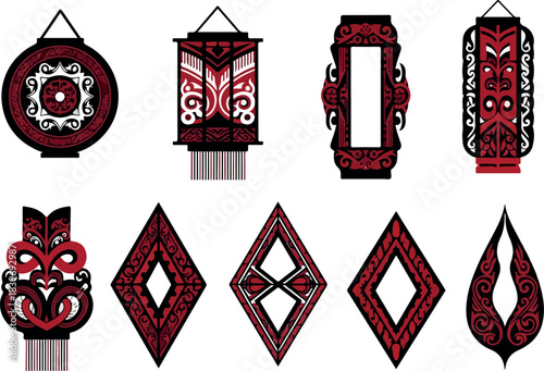 Intricate Red and Black Maori-Inspired Geometric Lantern and Ornament Designs