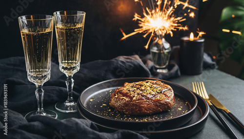 Two champagne flutes and a cooked steak dinner set on a dark table with a bright burning sparkler.