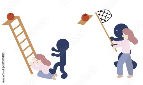 自己犠牲を払って他人を助ける女性と、他人と協力する女性のイラスト