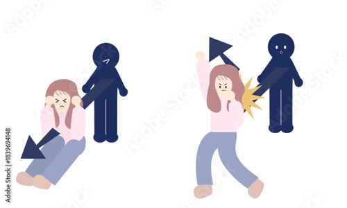 他人から傷つけられる女性と、他人からの攻撃を跳ね返す女性のイラスト