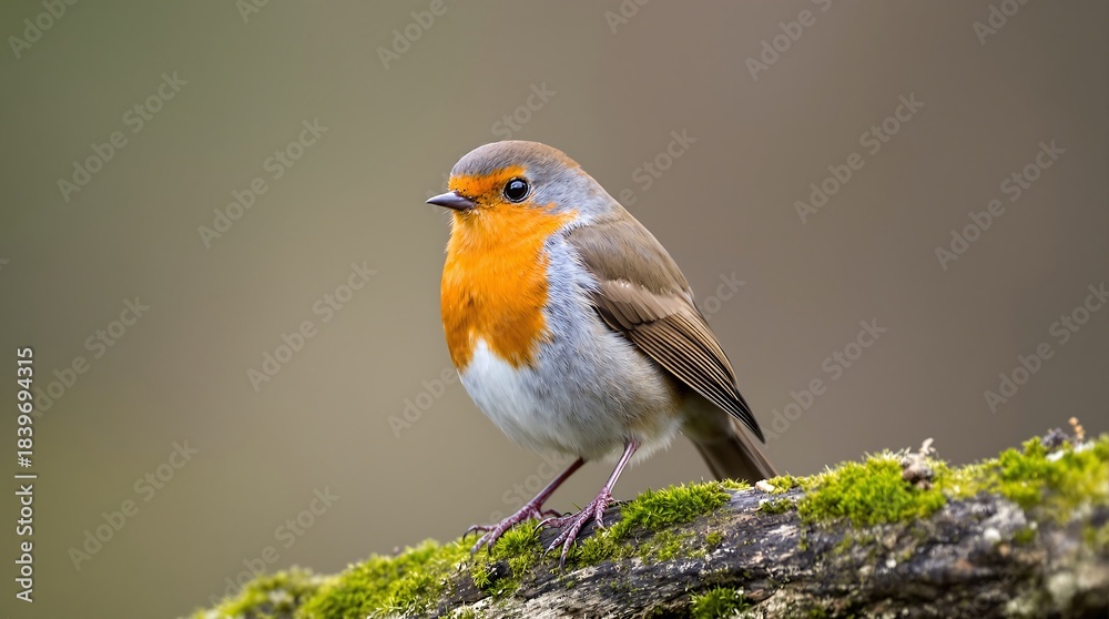Fototapeta premium European robin perched on mossy branch in nature