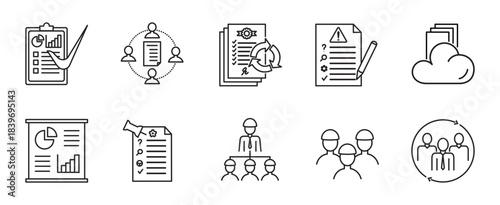 Project Management Icon Set - Minimalis Outline Style Symbol contain Status Report Meeting Note Change Log all