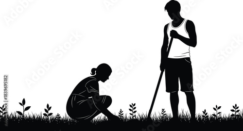 Black silhouette of a couple gardening outdoors, showing a man standing with a shovel and a woman crouching to plant seedlings, illustrating concepts of agriculture, nature, and teamwork