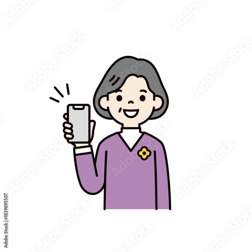 スマートフォンの画面を見せる、おばあさん・高齢女性の上半身ベクターイラスト素材＿カラー