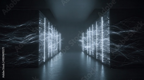 Navigating the luminous corridors of a futuristic data center where information flows creating a dynamic digital landscape