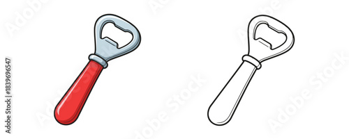 Stylized vector illustration of a metallic bottle opener with a red handle and a black outline drawing