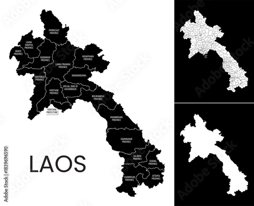 map of Laos with country administrative division into Provinces and Districts, detailed black and white vector illustration