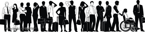 Diverse group of business professionals in a long line, carrying luggage and briefcases, including a woman in a wheelchair, illustrating concepts of corporate travel and inclusion