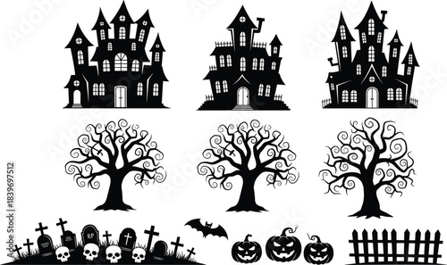 Large Halloween vector set of silhouettes including haunted houses, spooky twisted trees, pumpkins, skulls, tombstones, and fence elements for dark and creepy designs isolated on white