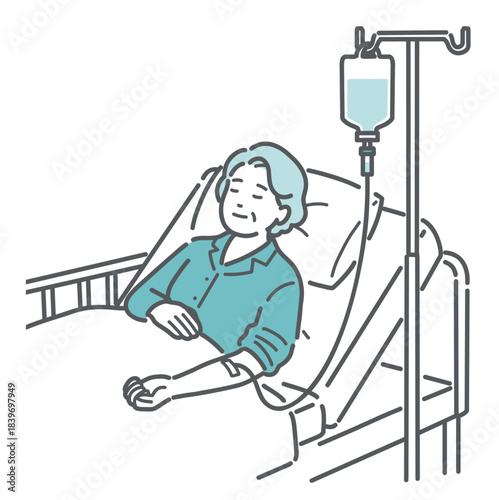 入院して点滴を受ける高齢の女性患者のイラスト（安静・回復）