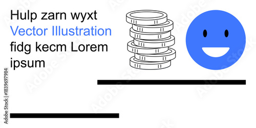 Financial growth, savings, happiness, profitability, monetization, minimalism. Smiling blue face next to a stack of coins with placeholder text. Financial growth and happiness concept
