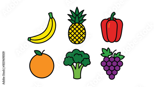 Vibrant Collection of Fresh Fruits with Banana Pineapple Red Bell Pepper Orange Broccoli and Grapes
