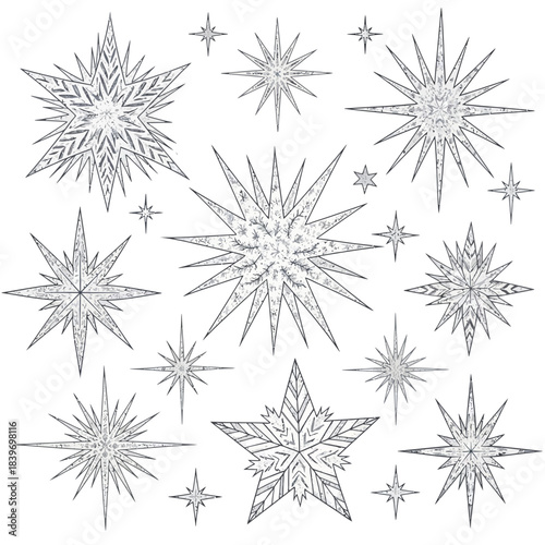 Collection of Various Starburst and Snowflake Designs in Different Sizes and Patterns