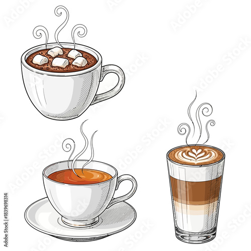 Illustration of three different types of hot coffee beverages with steam rising and artistic foam