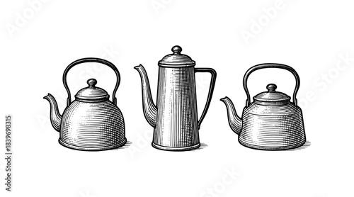 Vintage kettle illustrations in detailed engraving style, perfect for retro designs