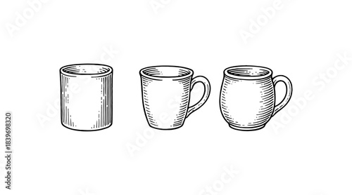 Line art illustration of three different coffee mugs on a white background
