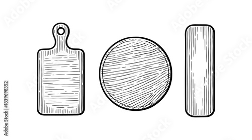 Hand-drawn illustration of three different wooden cutting boards on white