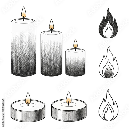 Minimalist Black and White Candle Illustration with Flame Icons for Relaxation and Meditation Themes