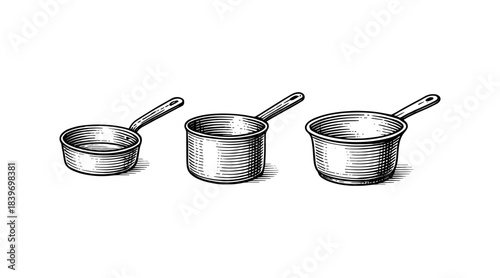 Engraved illustration of three saucepans with handles, isolated on white background