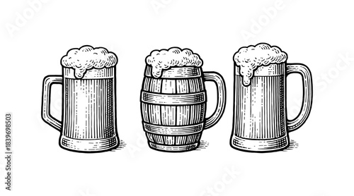 Engraved beer mugs with overflowing foam, vintage illustration
