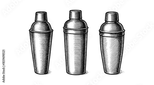 Vintage cocktail shaker illustrations in a classic engraved style on white