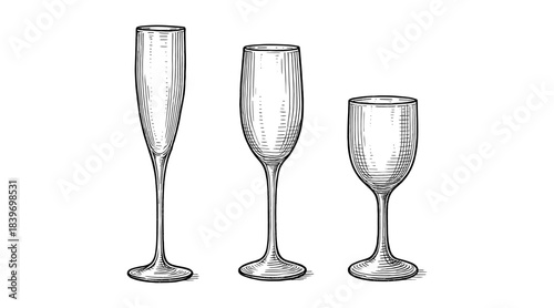 Elegant engraved illustration of champagne glasses on a white background