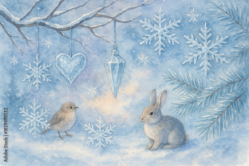 Watercolor illustration of winter decorations with ice, snow, frosty branches, and woodland animals
