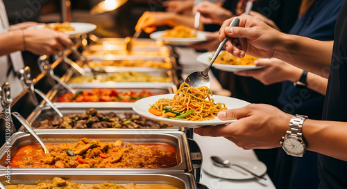 Close-up of hands serving noodles from a buffet line at a restaurant or event