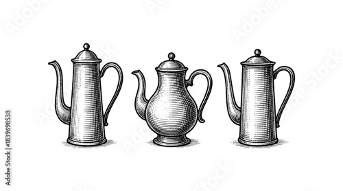 Vintage coffee pots illustration in detailed engraved style on white background