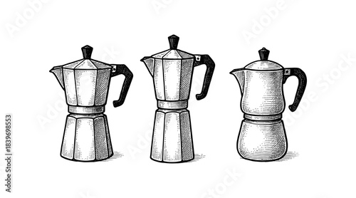Vintage Moka Pots Illustration: A Trio of Coffee Makers in Detailed Engraving