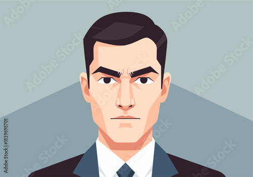 Flat vector avatar of a man with a serious expression, minimal color palette, smooth shapes