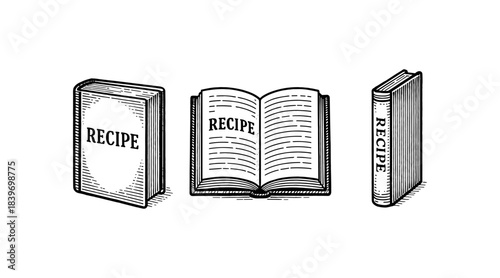 Illustrated recipe book in three views, perfect for culinary and cooking concepts