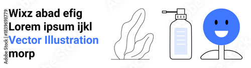 Graphic design, education, healthcare, cleanliness, happiness, and branding. Line art plant, sanitizer bottle blue smiling face alongside text elements. Healthcare and cleanliness concept
