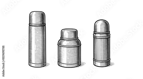 Engraved illustration of three vintage thermoses on a white background