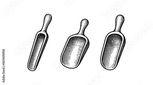 Engraved illustration of three wooden scoops on a white background