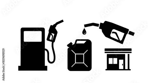 Vector illustration of gasoline fuel pump, gas can, and gas station icons set isolated on transparent background