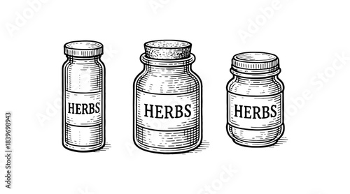 Vintage herb bottles illustration in black and white, perfect for design