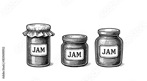 Vintage jam jars illustration in a classic engraved style, perfect for food packaging
