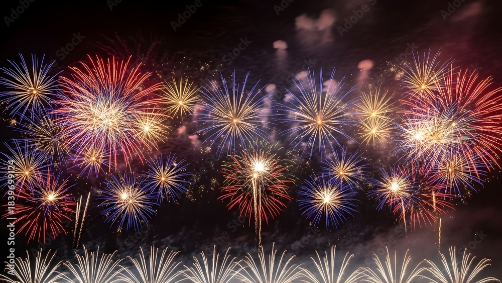 Naklejka premium Vibrant Nighttime Fireworks Burst in Colorful Sky Display.