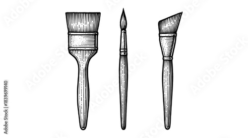 Detailed illustration of three artist paint brushes on a white background