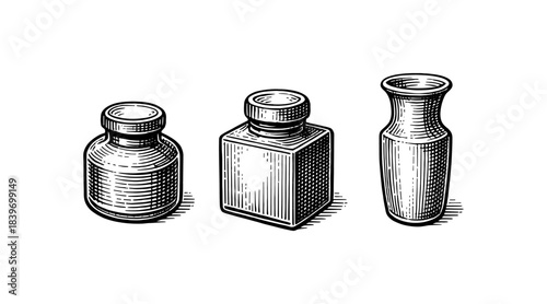 Vintage ink bottles and vase illustration in a classic engraving style