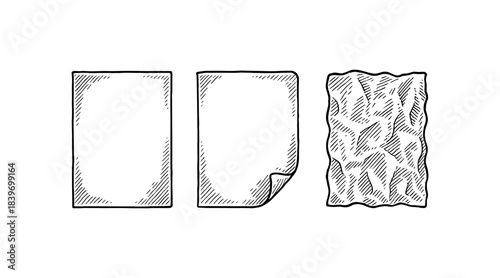Hand-drawn paper sheets in various states, isolated on white background