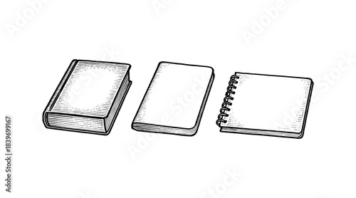 Line art illustration of three different notebooks and a book